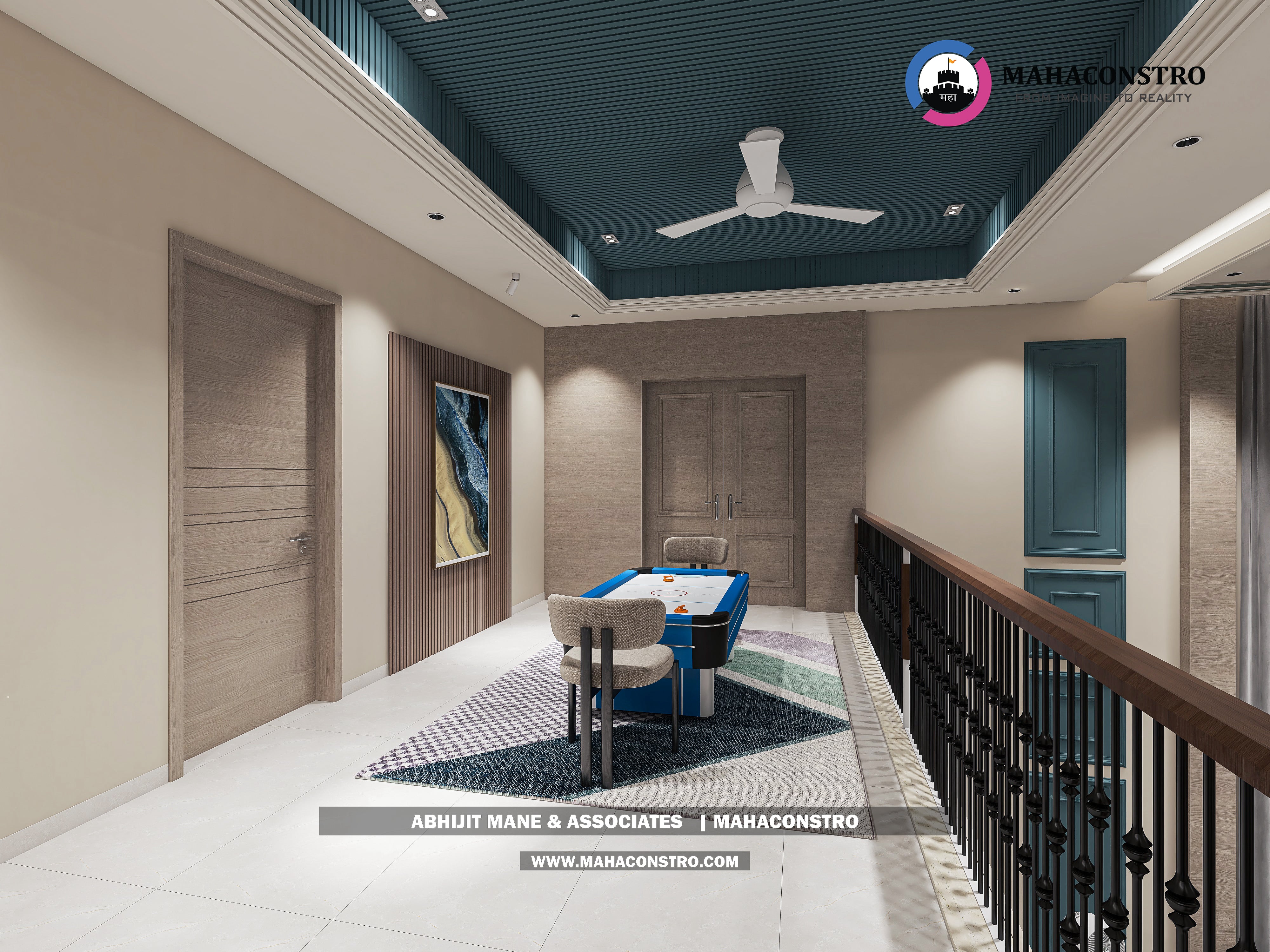 Ultra-luxury bungalow living room in Bhimanagar, Solapur, featuring a double-height space, teal sofas, and a custom television wall by Mahaconstro Architects