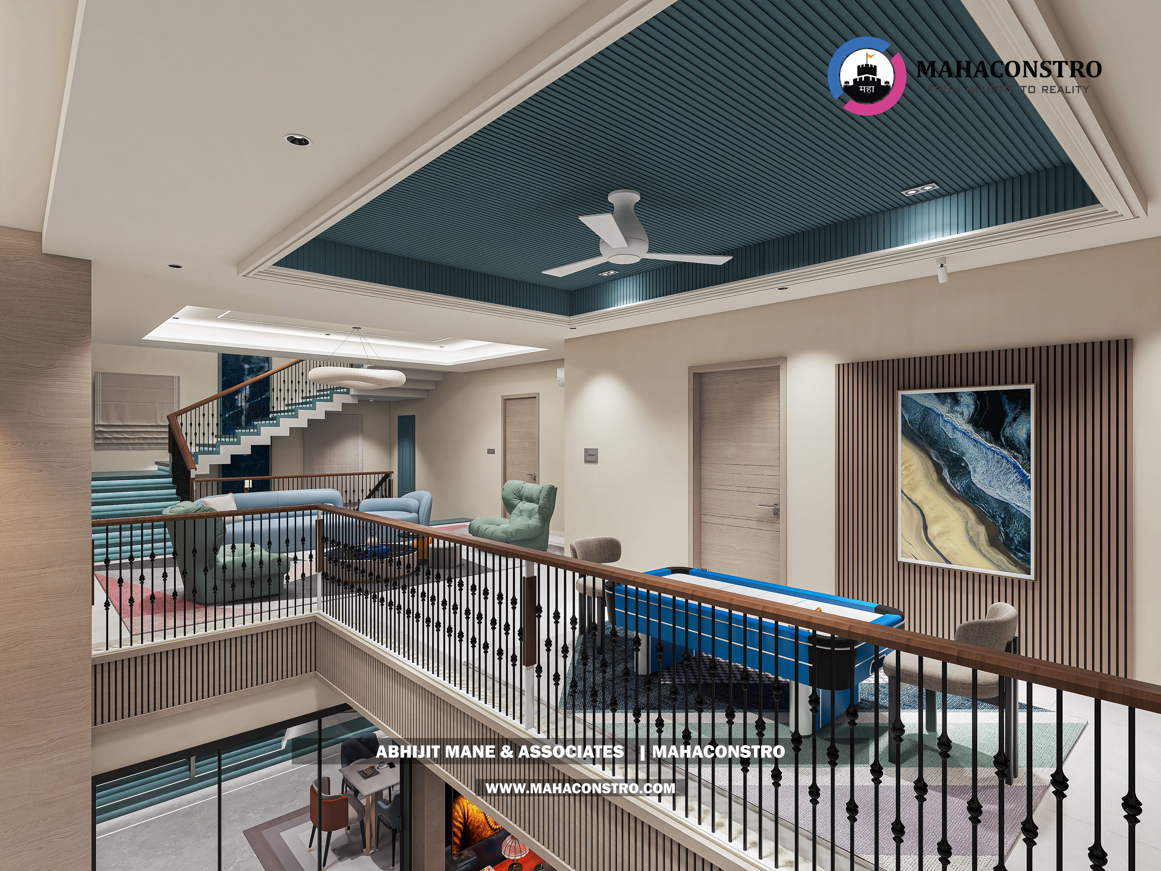 Ultra-luxury bungalow living room in Bhimanagar, Solapur, featuring a double-height space, teal sofas, and a custom television wall by Mahaconstro Architects