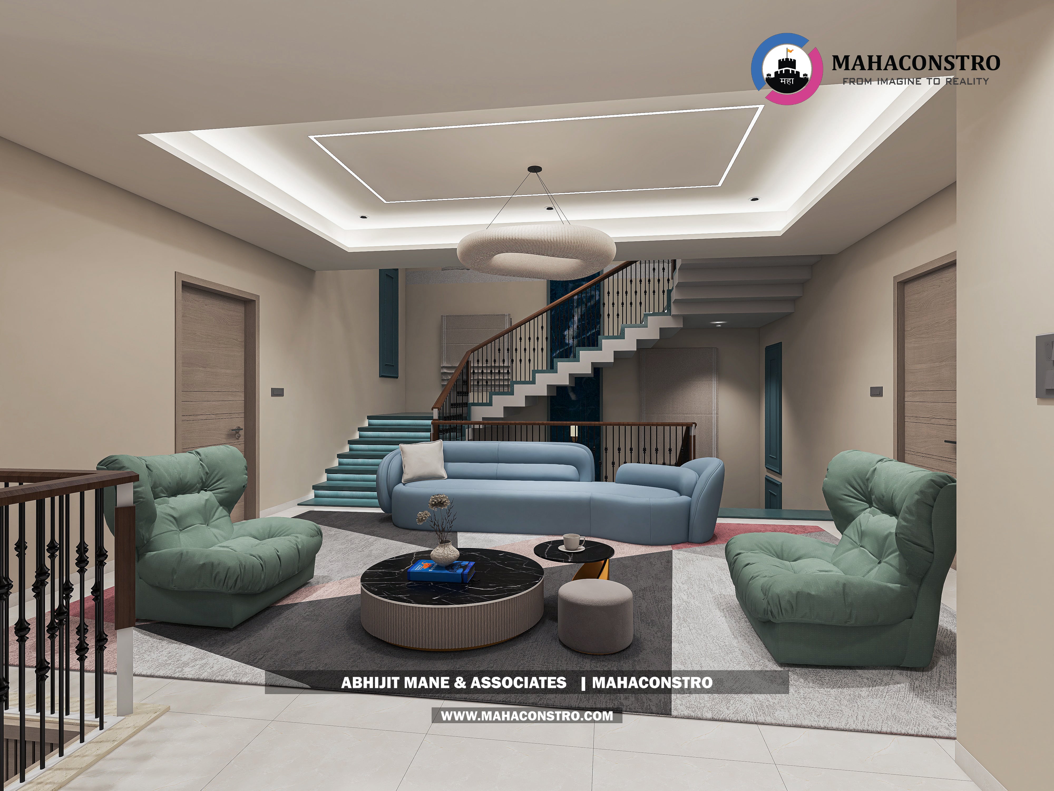 Ultra-luxury bungalow living room in Bhimanagar, Solapur, featuring a double-height space, teal sofas, and a custom television wall by Mahaconstro Architects
