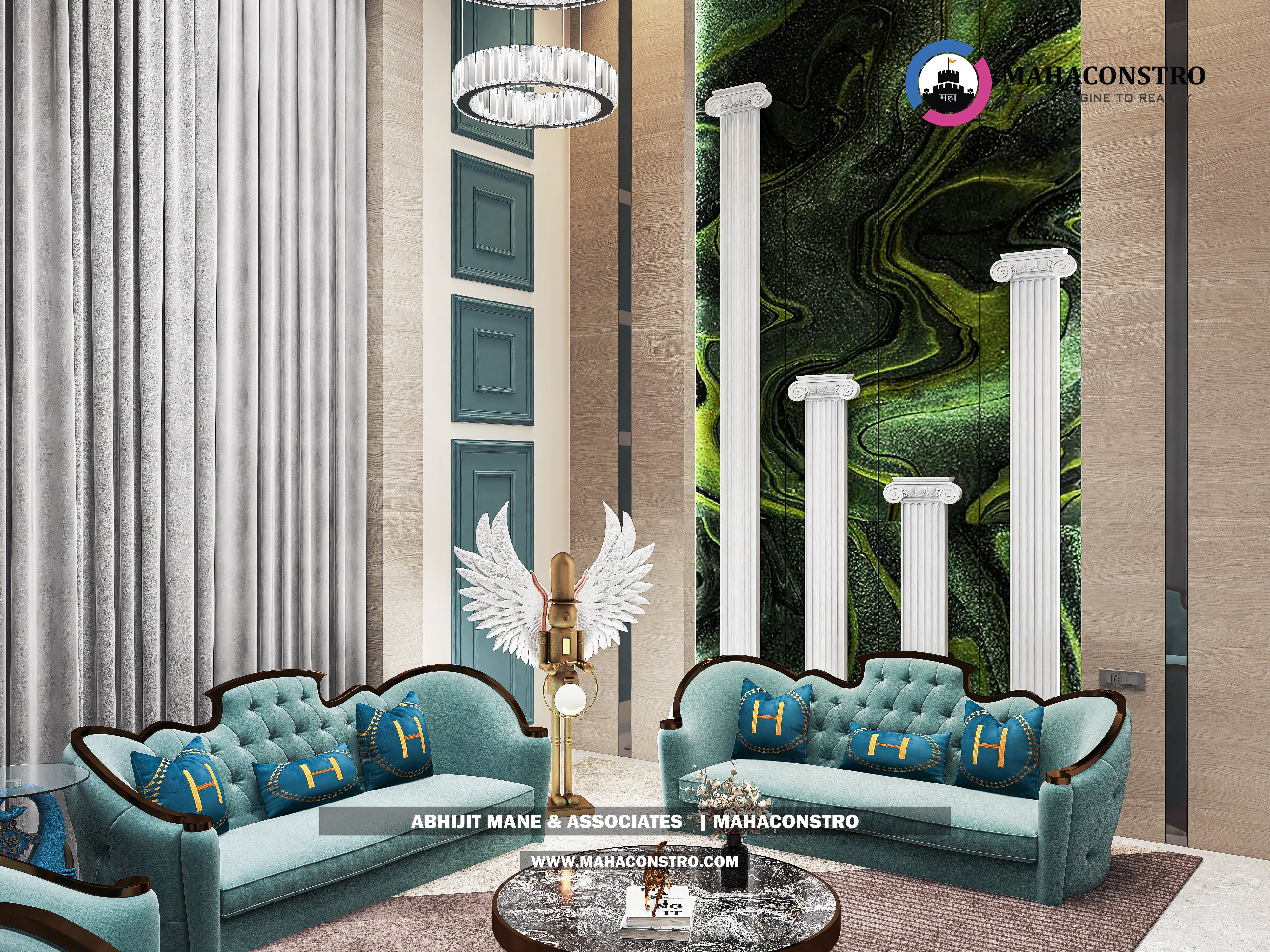 Ultra-luxury bungalow living room in Bhimanagar, Solapur, featuring a double-height space, teal sofas, and a custom television wall by Mahaconstro Architects