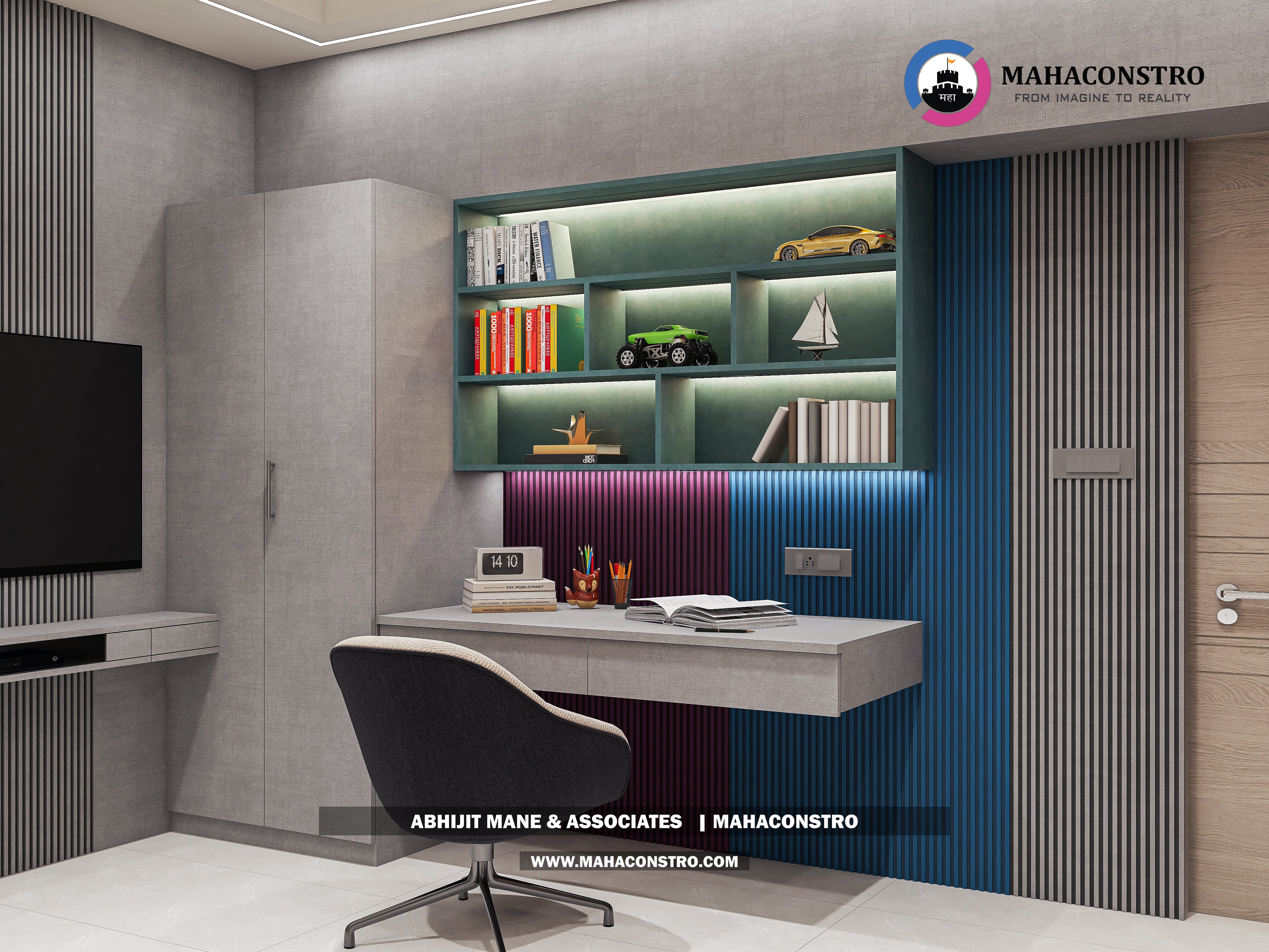 Ultra-luxury bungalow living room in Bhimanagar, Solapur, featuring a double-height space, teal sofas, and a custom television wall by Mahaconstro Architects