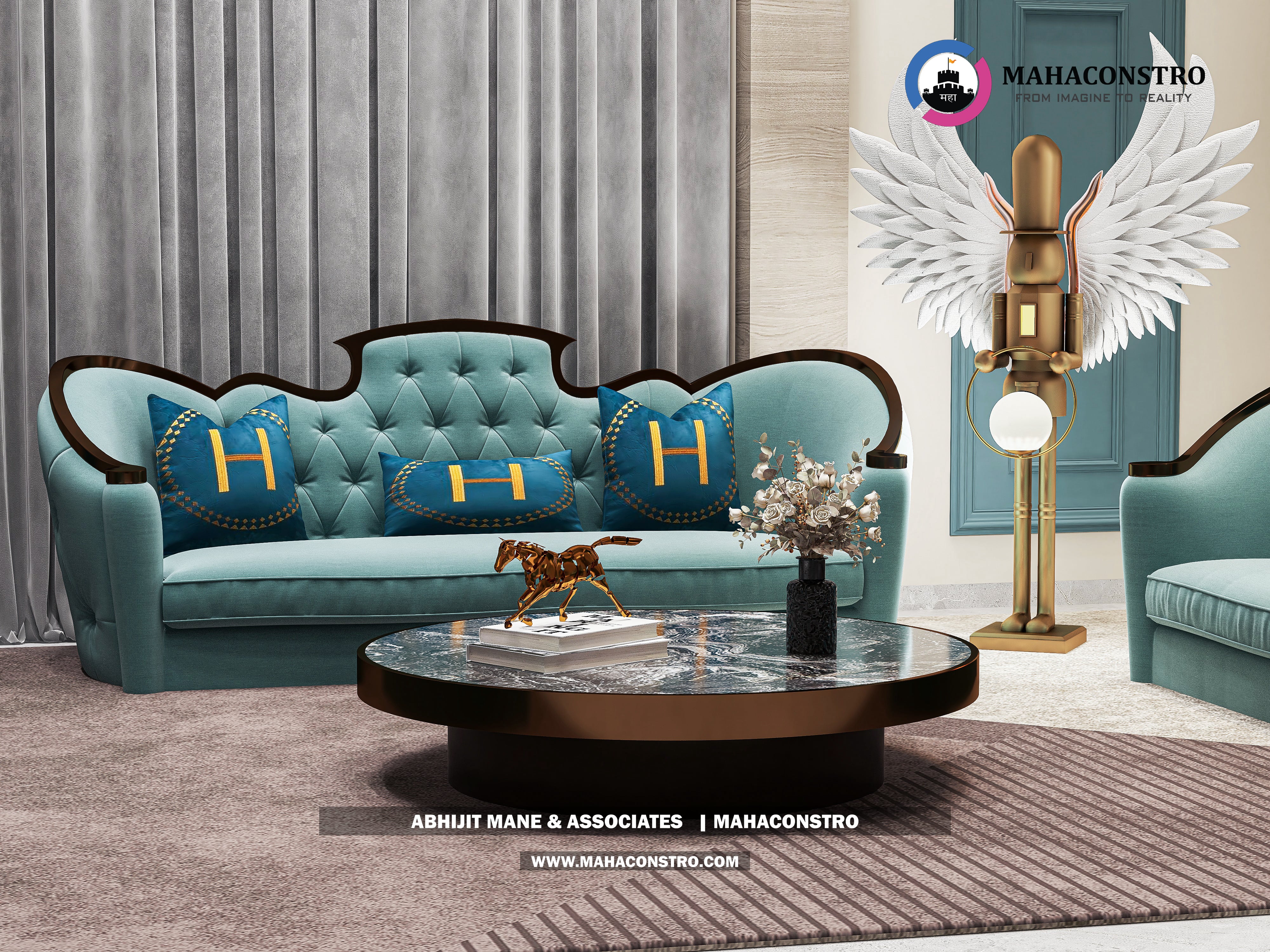 Ultra-luxury bungalow living room in Bhimanagar, Solapur, featuring a double-height space, teal sofas, and a custom television wall by Mahaconstro Architects