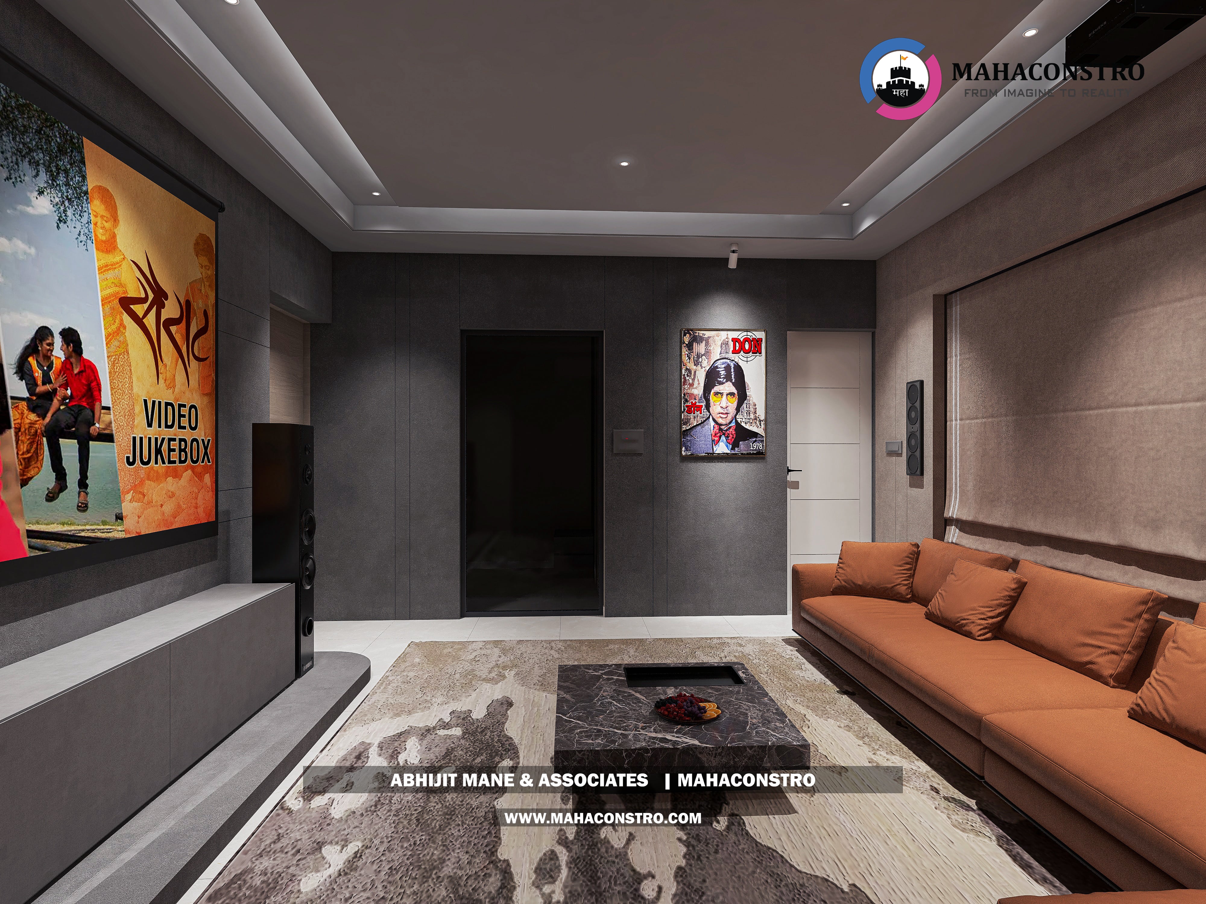 Ultra-luxury bungalow living room in Bhimanagar, Solapur, featuring a double-height space, teal sofas, and a custom television wall by Mahaconstro Architects