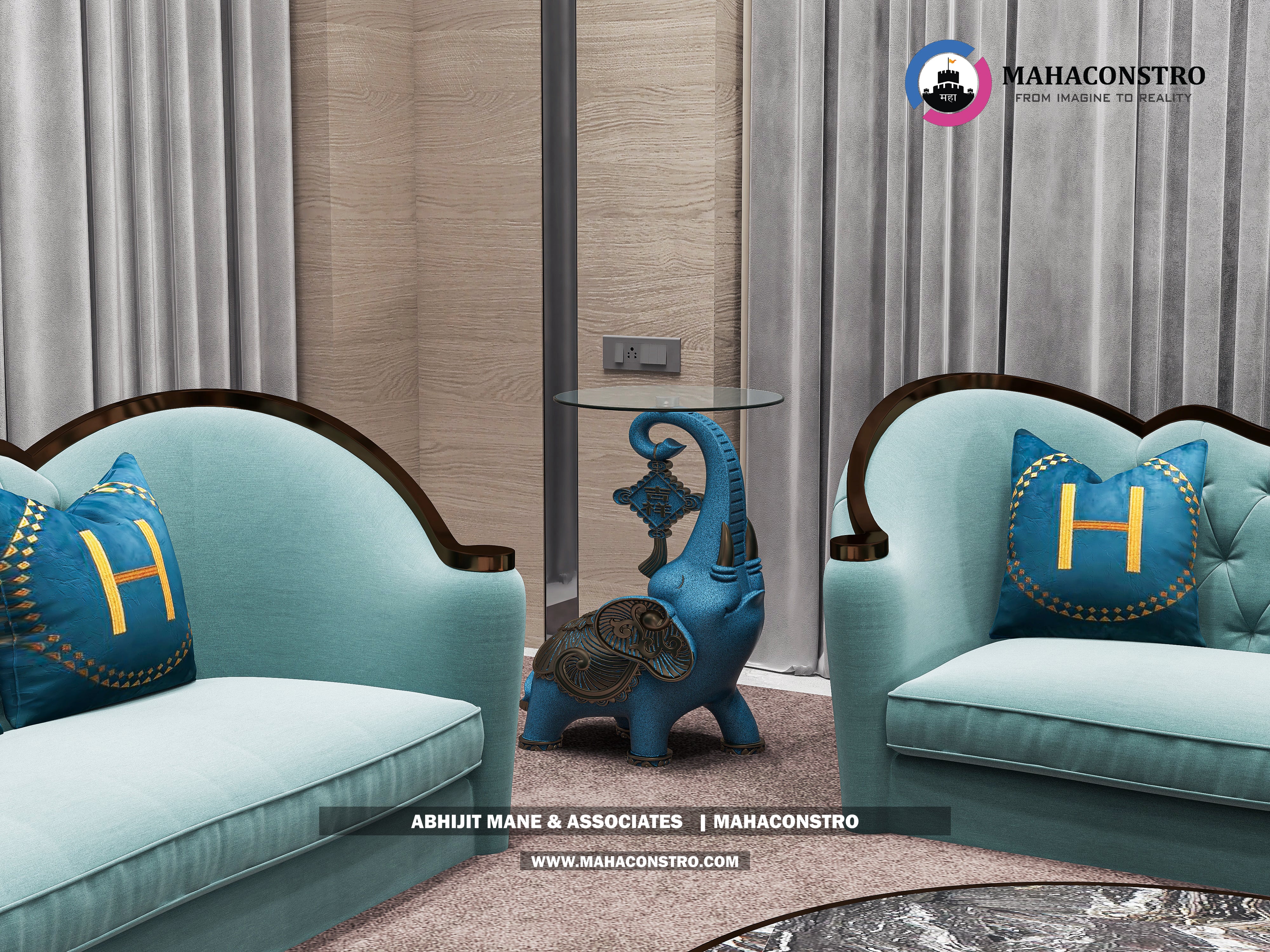 Ultra-luxury bungalow living room in Bhimanagar, Solapur, featuring a double-height space, teal sofas, and a custom television wall by Mahaconstro Architects
