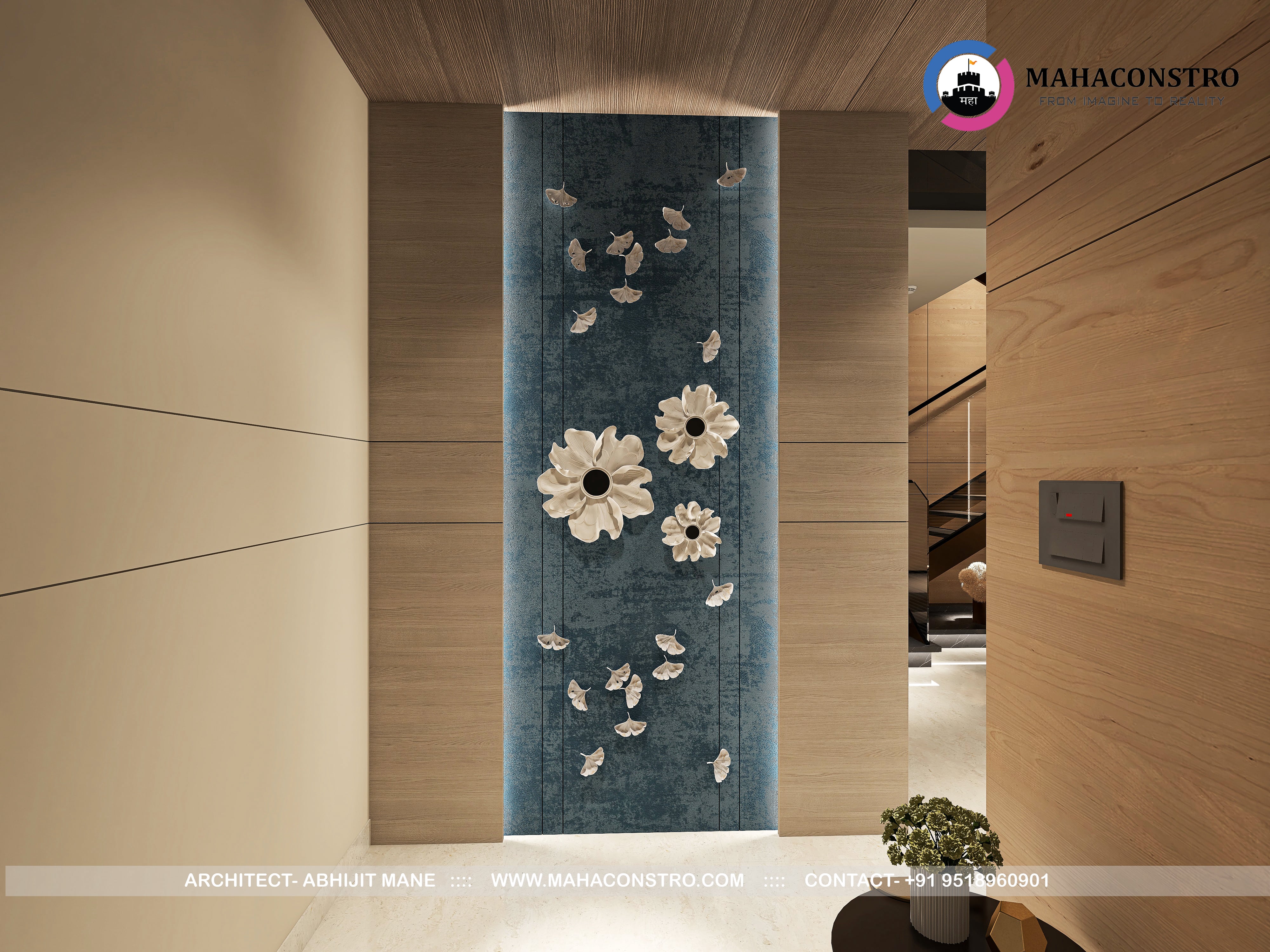 Ultra-luxury residential interior in Tembhurni, Solapur, designed by Mahaconstro Architects, featuring a contemporary living and dining space with bespoke furnishings and artistic finishes.