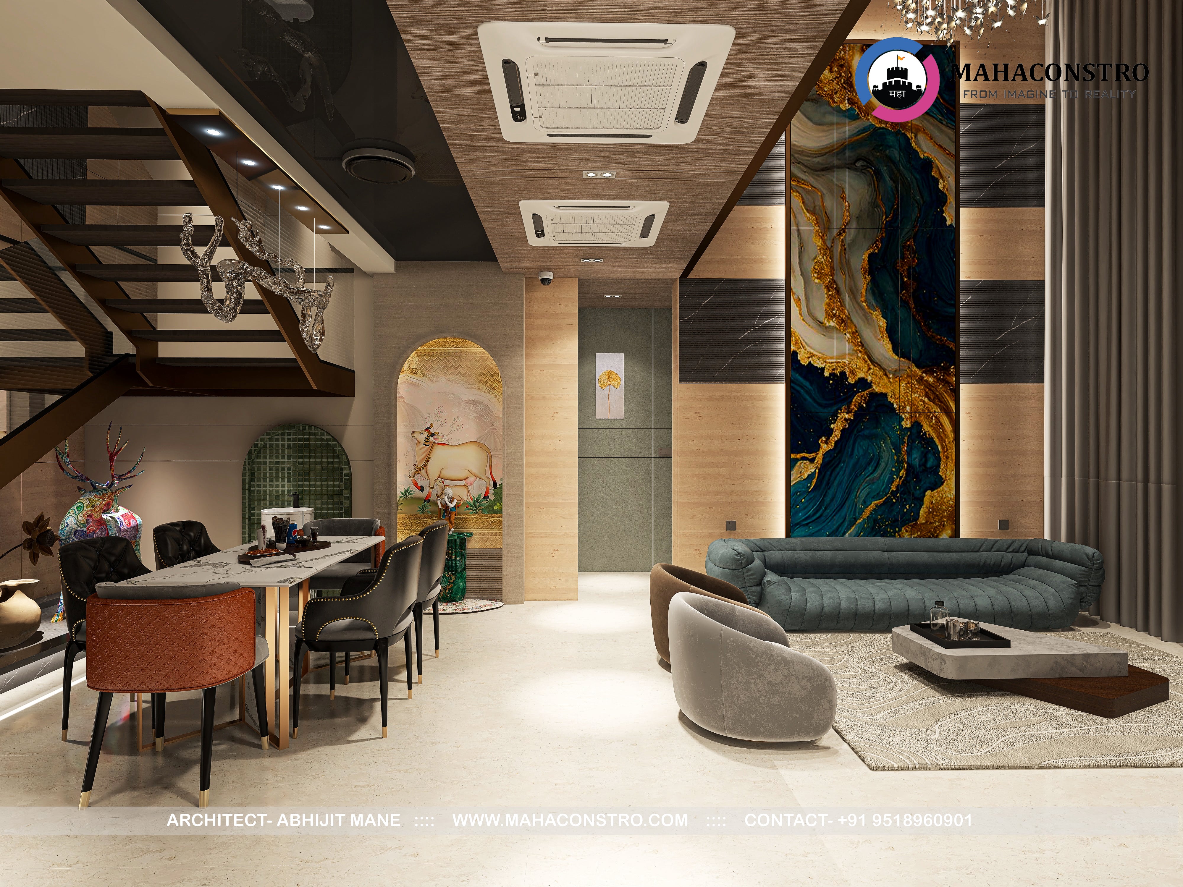 Ultra-luxury residential interior in Tembhurni, Solapur, designed by Mahaconstro Architects, featuring a contemporary living and dining space with bespoke furnishings and artistic finishes.