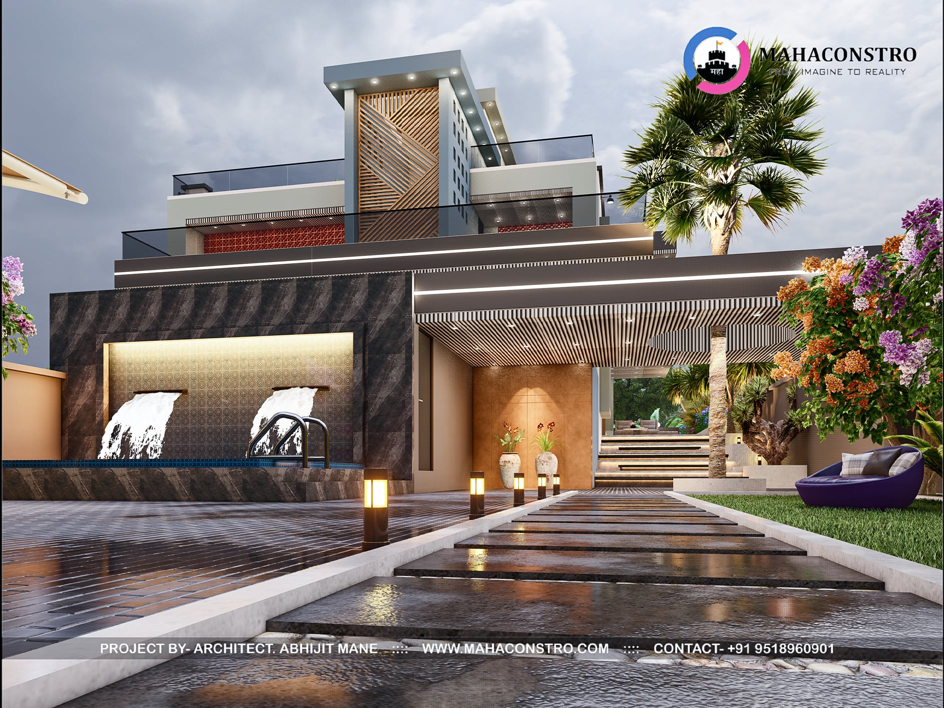 Ultra-luxury bungalow at Vrundavan Niwas featuring contemporary architecture, landscaped gardens, water features, and ambient outdoor lighting by Mahaconstro Architects