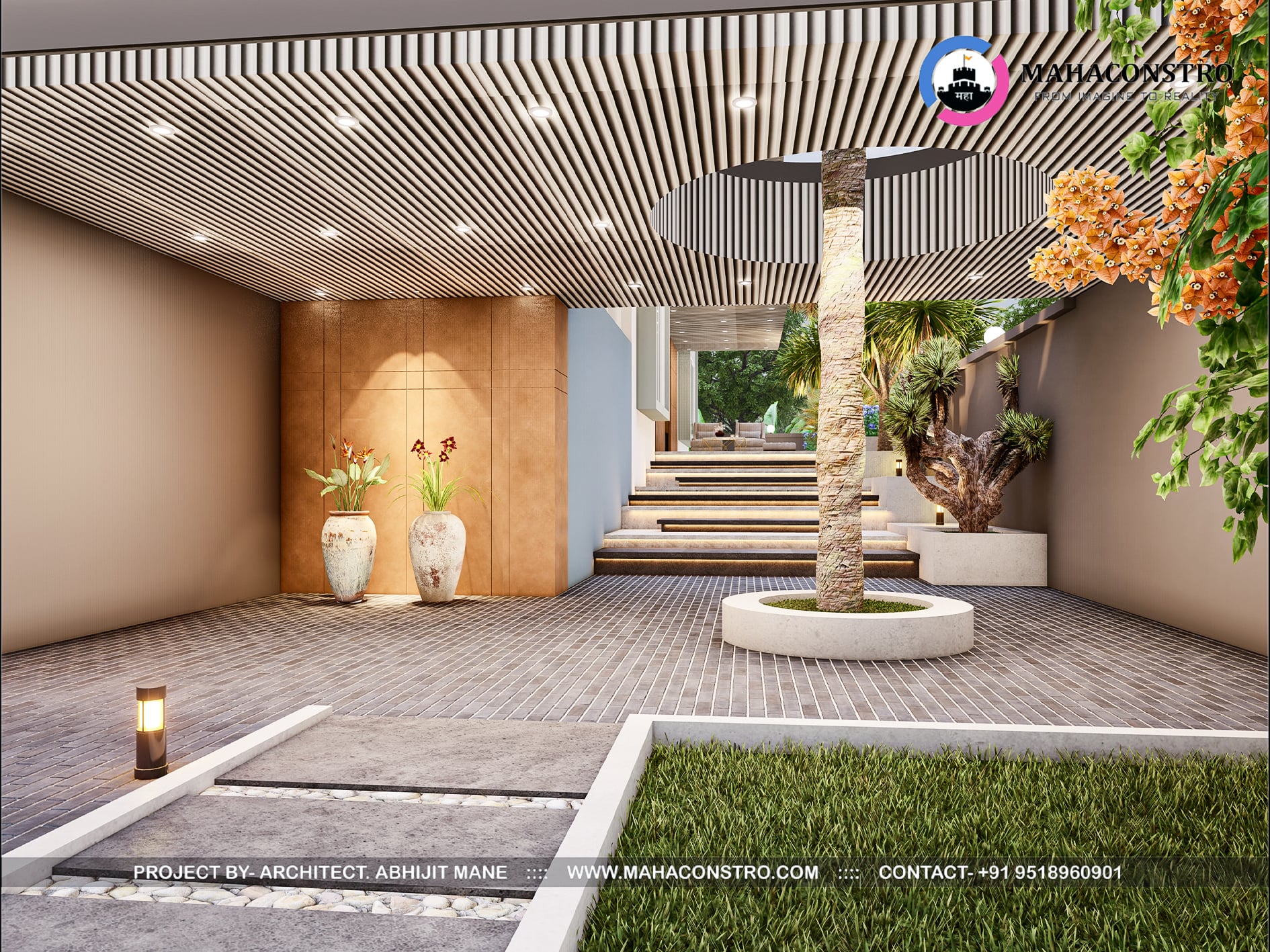Ultra-luxury bungalow at Vrundavan Niwas featuring contemporary architecture, landscaped gardens, water features, and ambient outdoor lighting by Mahaconstro Architects