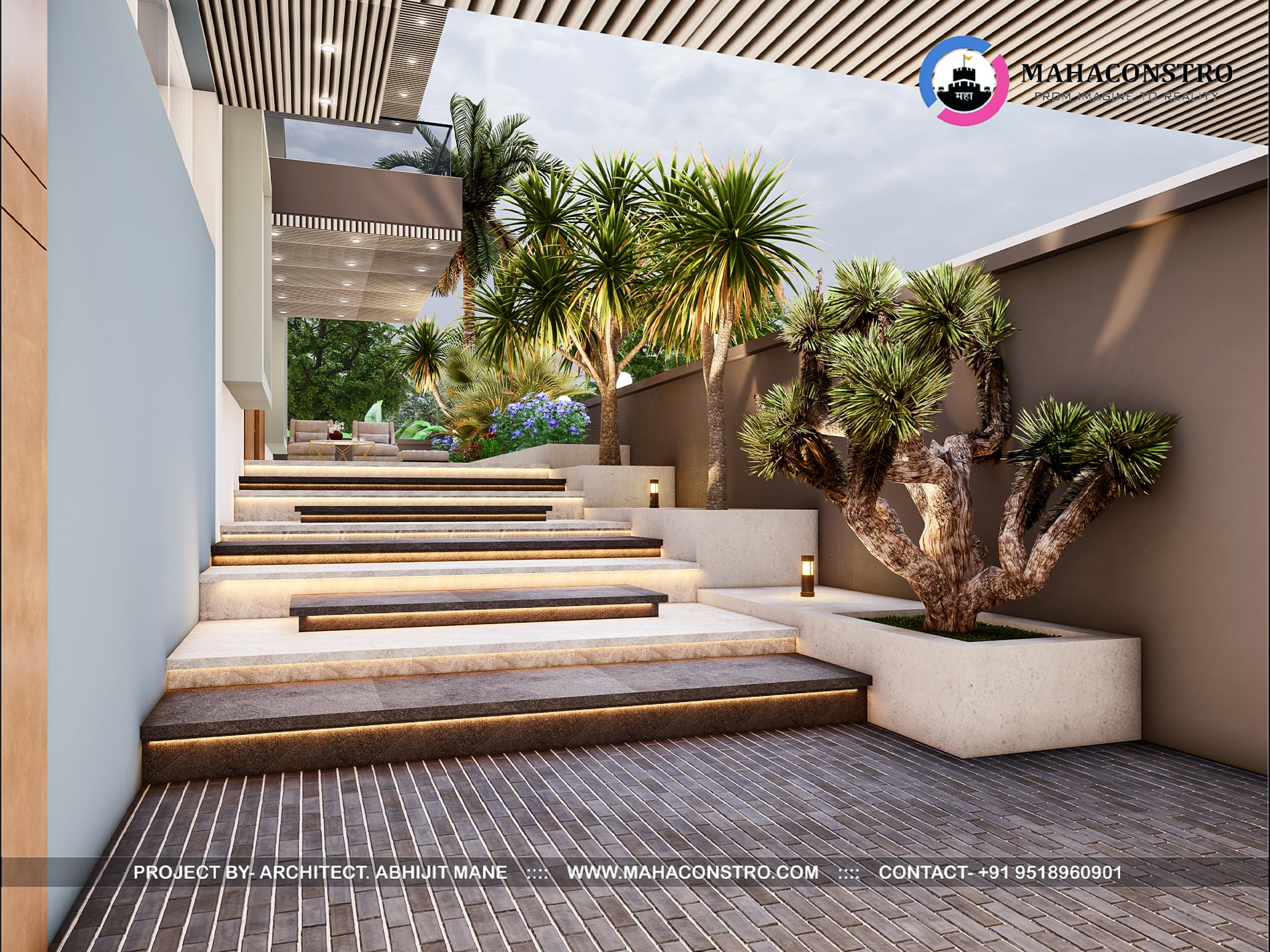 Ultra-luxury bungalow at Vrundavan Niwas featuring contemporary architecture, landscaped gardens, water features, and ambient outdoor lighting by Mahaconstro Architects