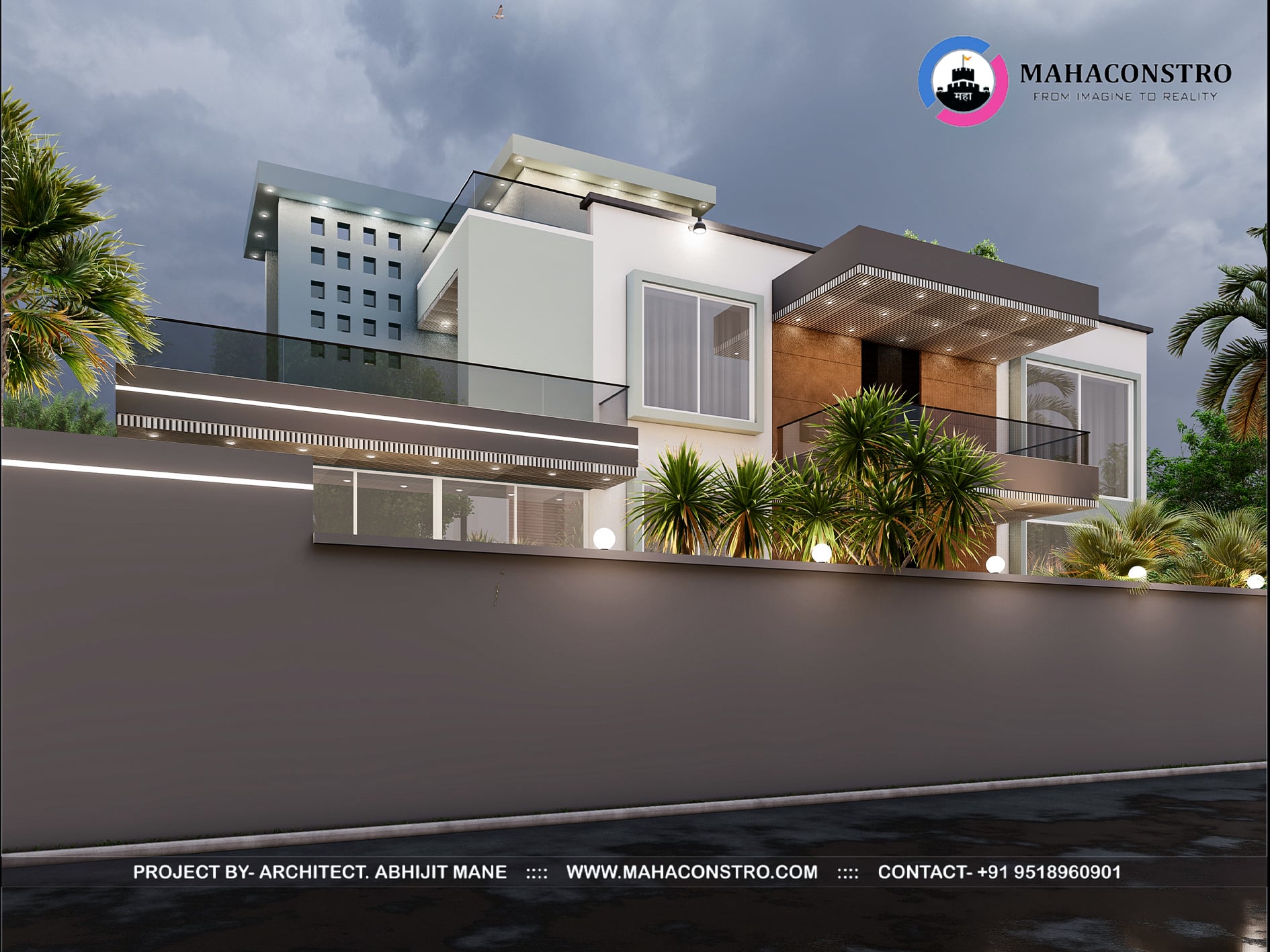 Ultra-luxury bungalow at Vrundavan Niwas featuring contemporary architecture, landscaped gardens, water features, and ambient outdoor lighting by Mahaconstro Architects
