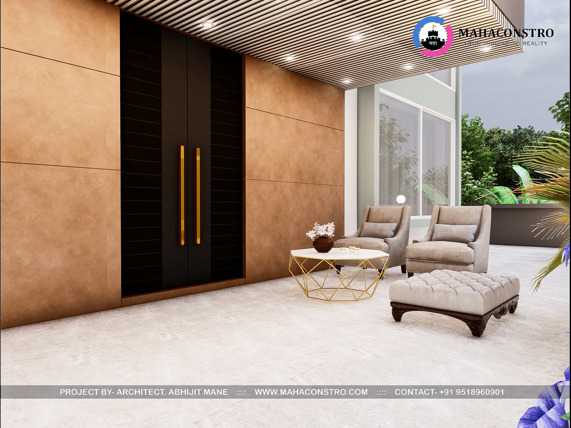 Ultra-luxury bungalow at Vrundavan Niwas featuring contemporary architecture, landscaped gardens, water features, and ambient outdoor lighting by Mahaconstro Architects
