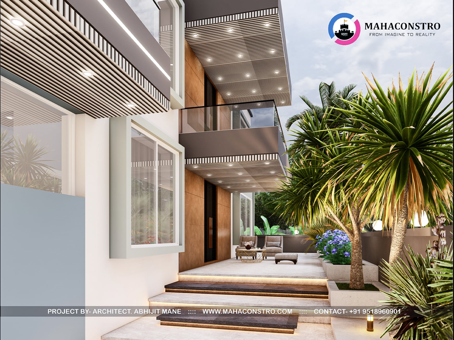 Ultra-luxury bungalow at Vrundavan Niwas featuring contemporary architecture, landscaped gardens, water features, and ambient outdoor lighting by Mahaconstro Architects