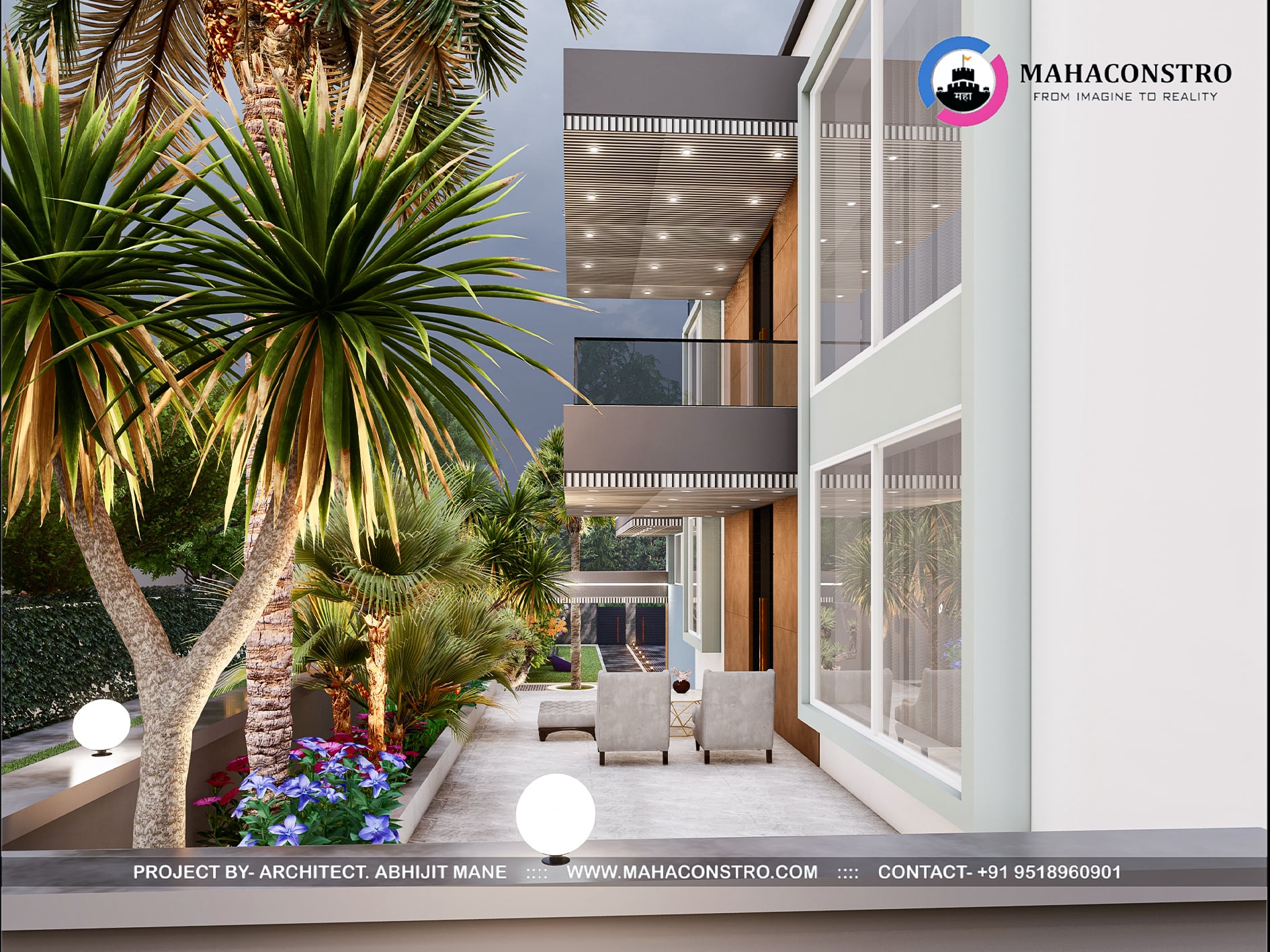 Ultra-luxury bungalow at Vrundavan Niwas featuring contemporary architecture, landscaped gardens, water features, and ambient outdoor lighting by Mahaconstro Architects