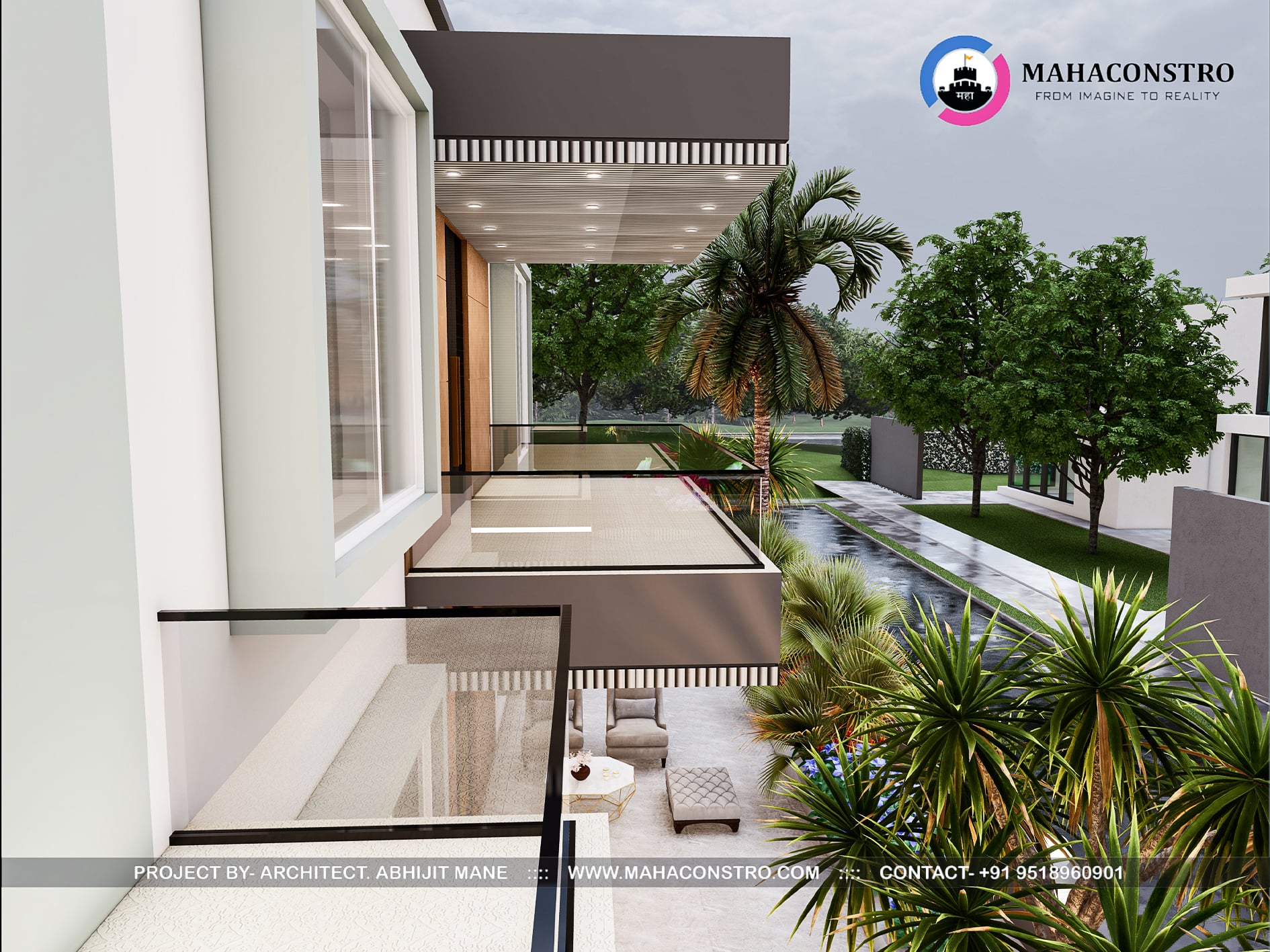 Ultra-luxury bungalow at Vrundavan Niwas featuring contemporary architecture, landscaped gardens, water features, and ambient outdoor lighting by Mahaconstro Architects