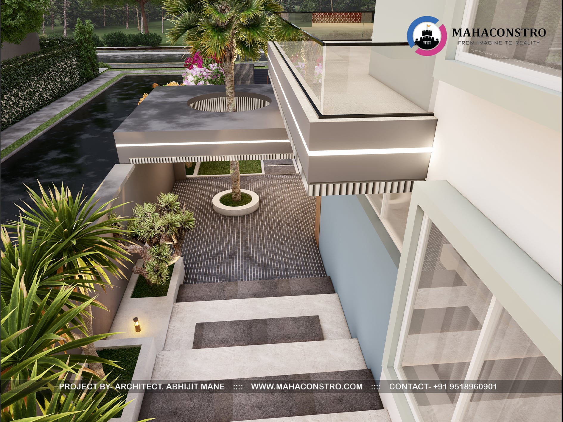 Ultra-luxury bungalow at Vrundavan Niwas featuring contemporary architecture, landscaped gardens, water features, and ambient outdoor lighting by Mahaconstro Architects