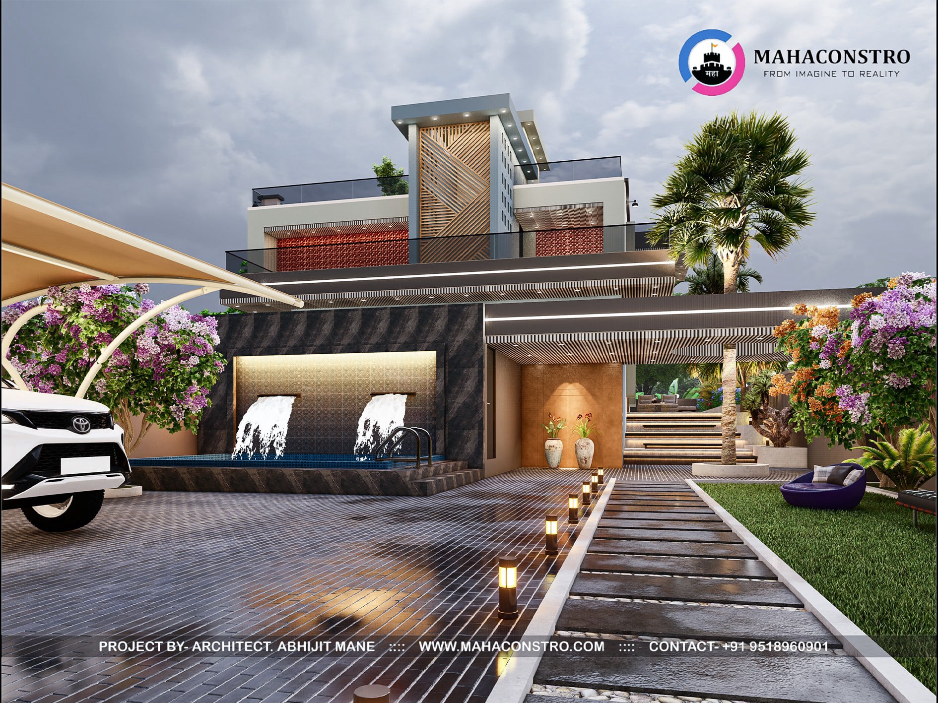Ultra-luxury bungalow at Vrundavan Niwas featuring contemporary architecture, landscaped gardens, water features, and ambient outdoor lighting by Mahaconstro Architects