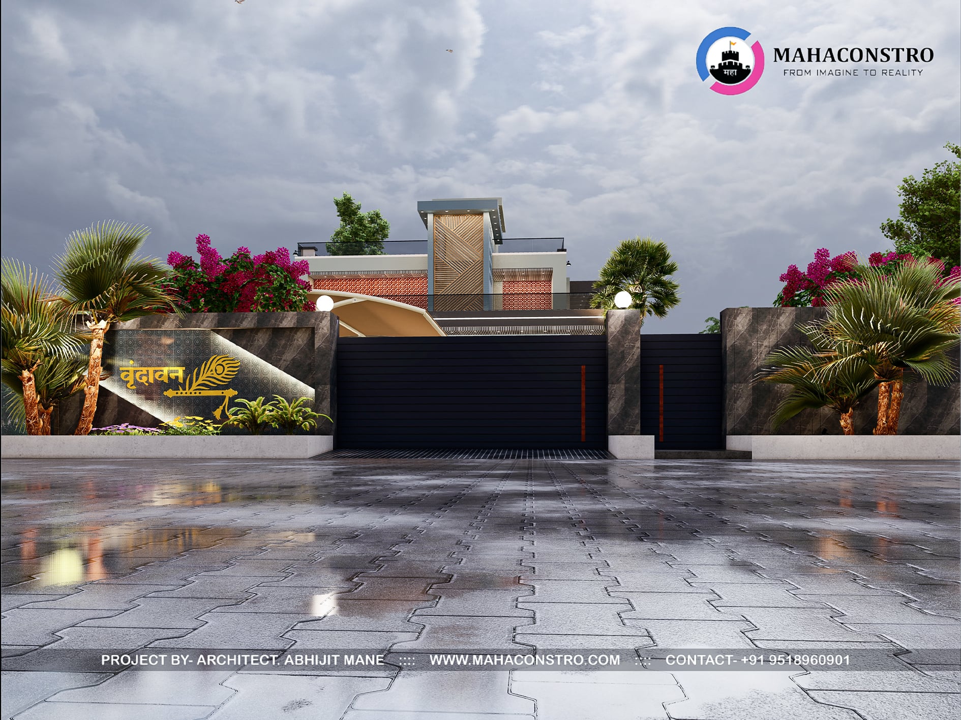Ultra-luxury bungalow at Vrundavan Niwas featuring contemporary architecture, landscaped gardens, water features, and ambient outdoor lighting by Mahaconstro Architects