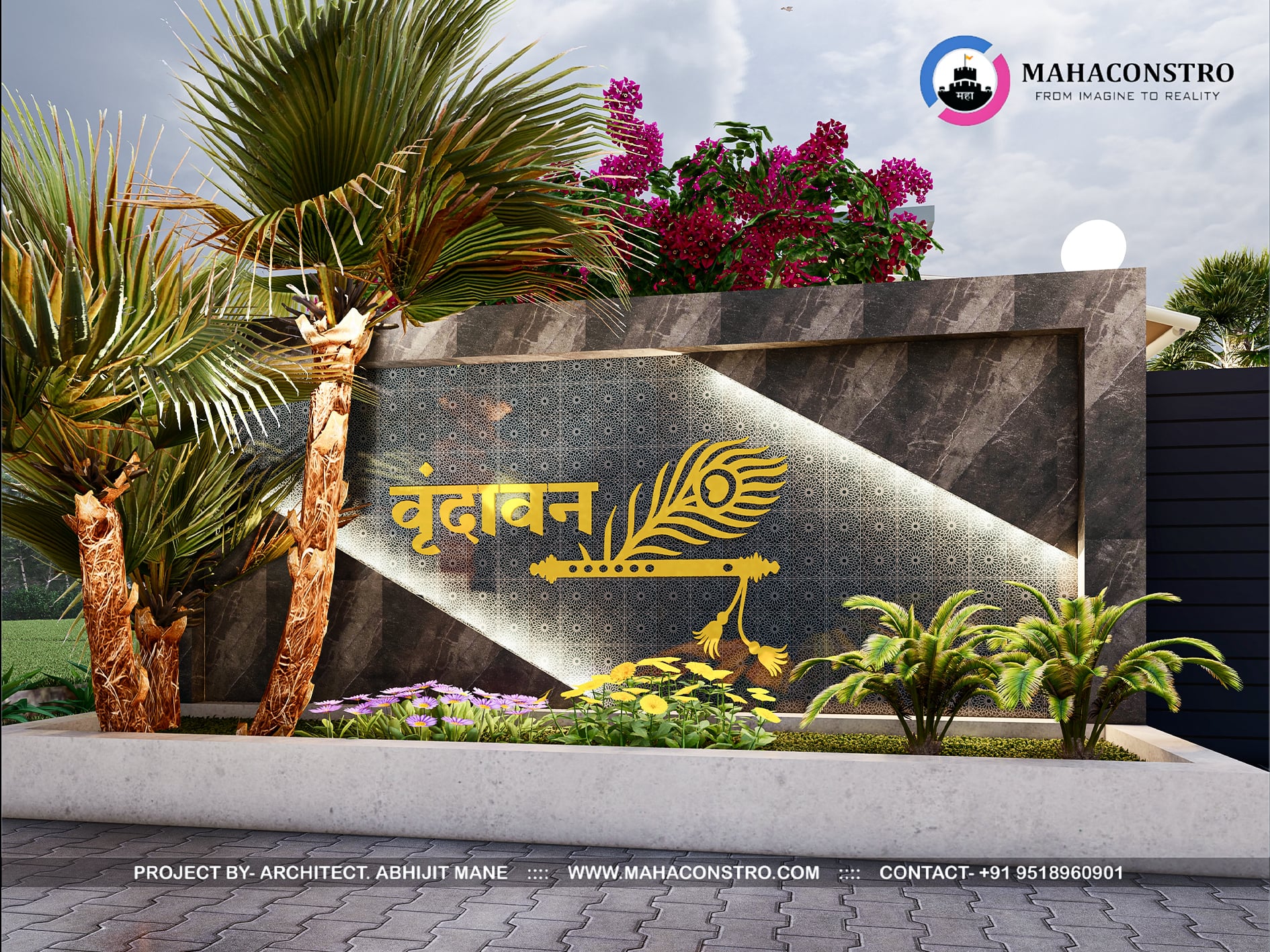 Ultra-luxury bungalow at Vrundavan Niwas featuring contemporary architecture, landscaped gardens, water features, and ambient outdoor lighting by Mahaconstro Architects