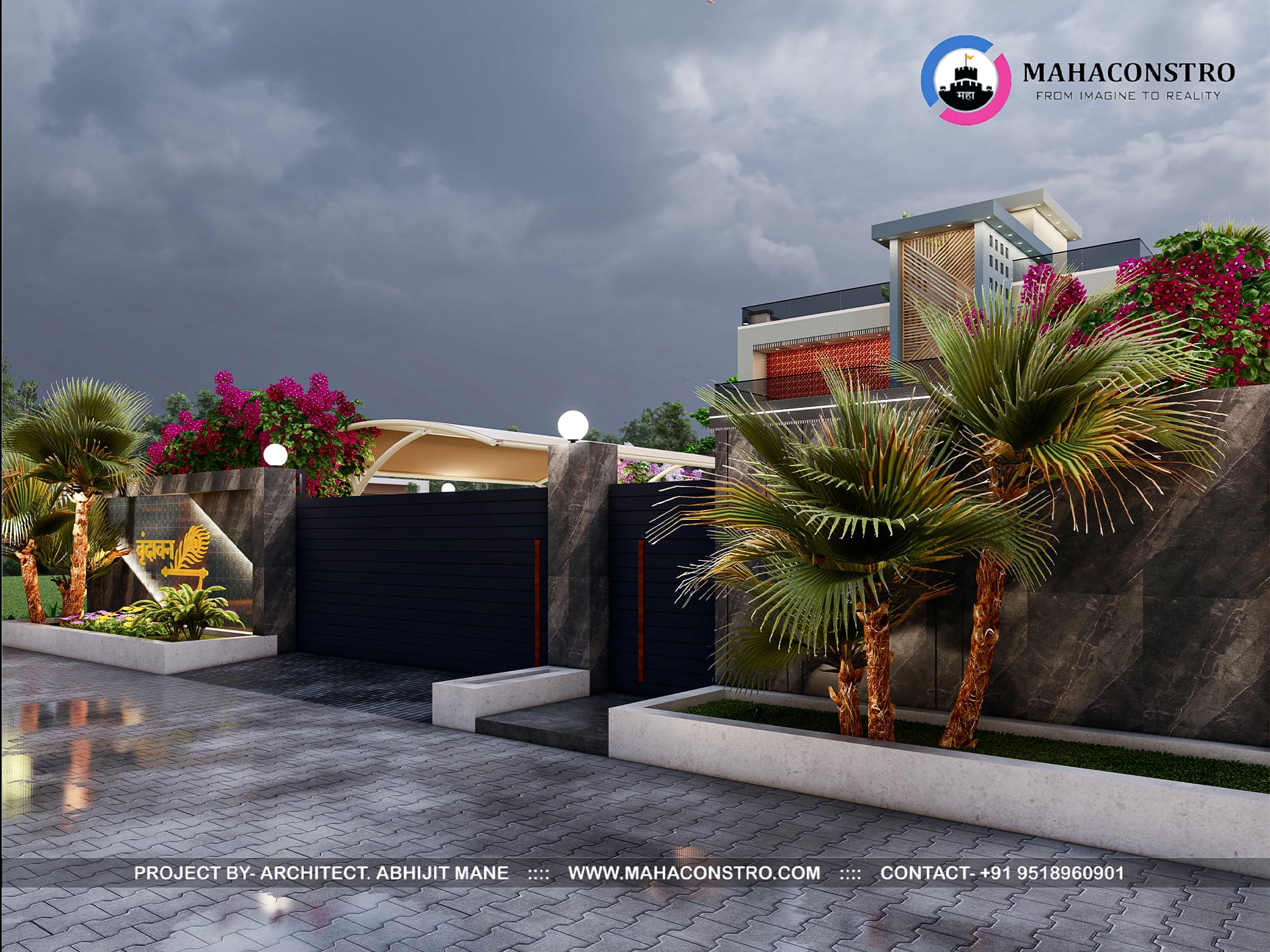 Ultra-luxury bungalow at Vrundavan Niwas featuring contemporary architecture, landscaped gardens, water features, and ambient outdoor lighting by Mahaconstro Architects
