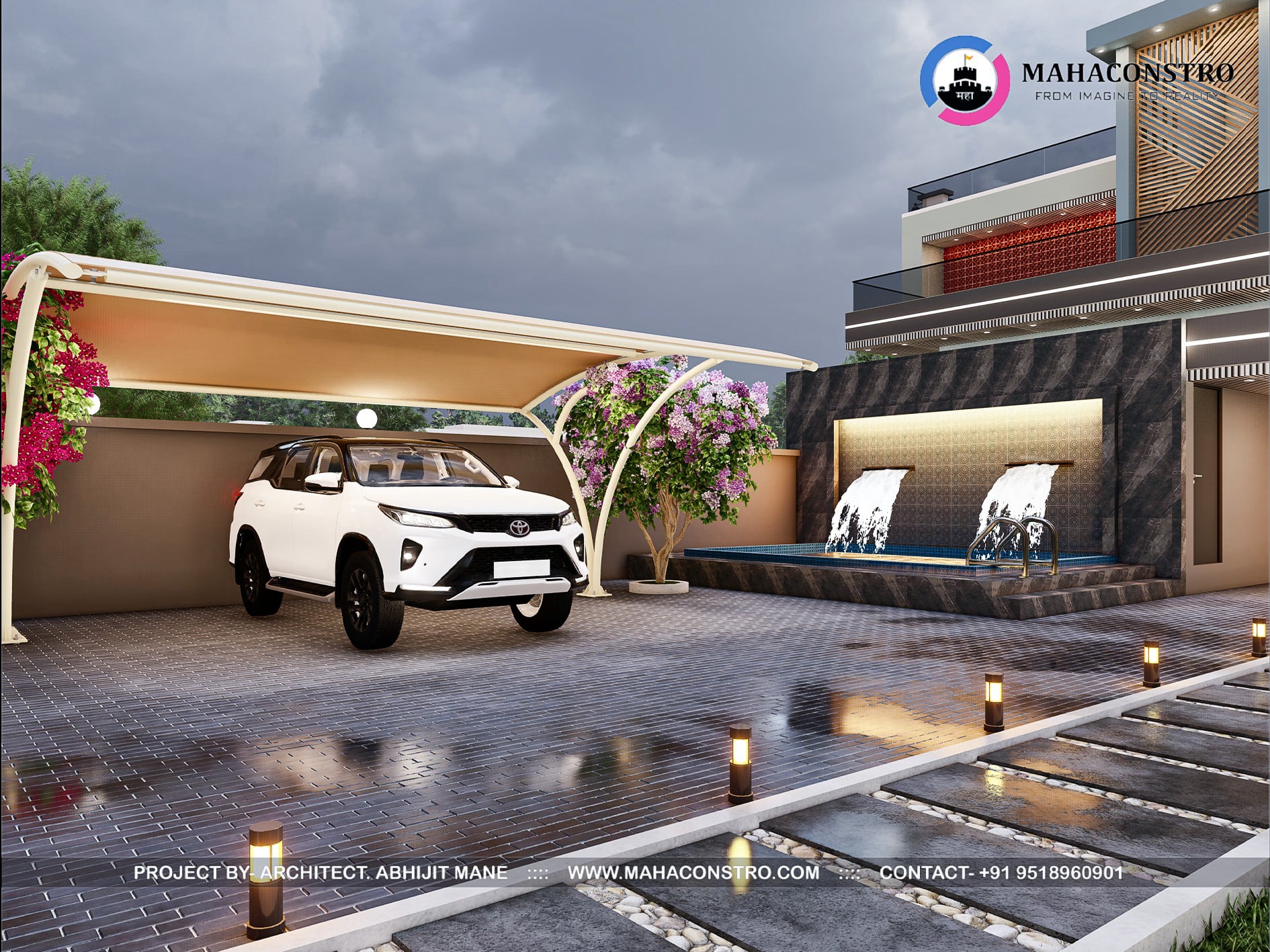 Ultra-luxury bungalow at Vrundavan Niwas featuring contemporary architecture, landscaped gardens, water features, and ambient outdoor lighting by Mahaconstro Architects