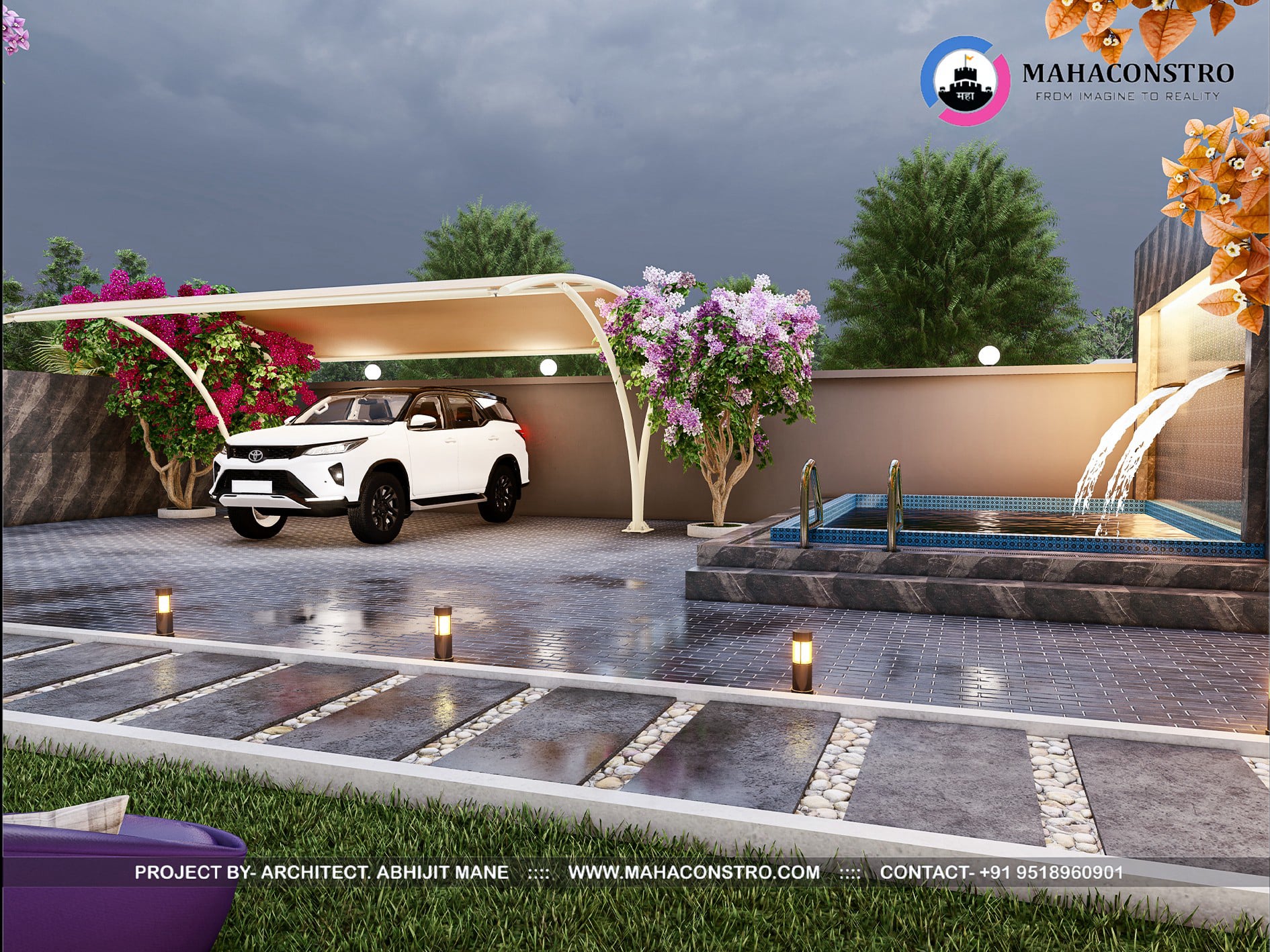 Ultra-luxury bungalow at Vrundavan Niwas featuring contemporary architecture, landscaped gardens, water features, and ambient outdoor lighting by Mahaconstro Architects