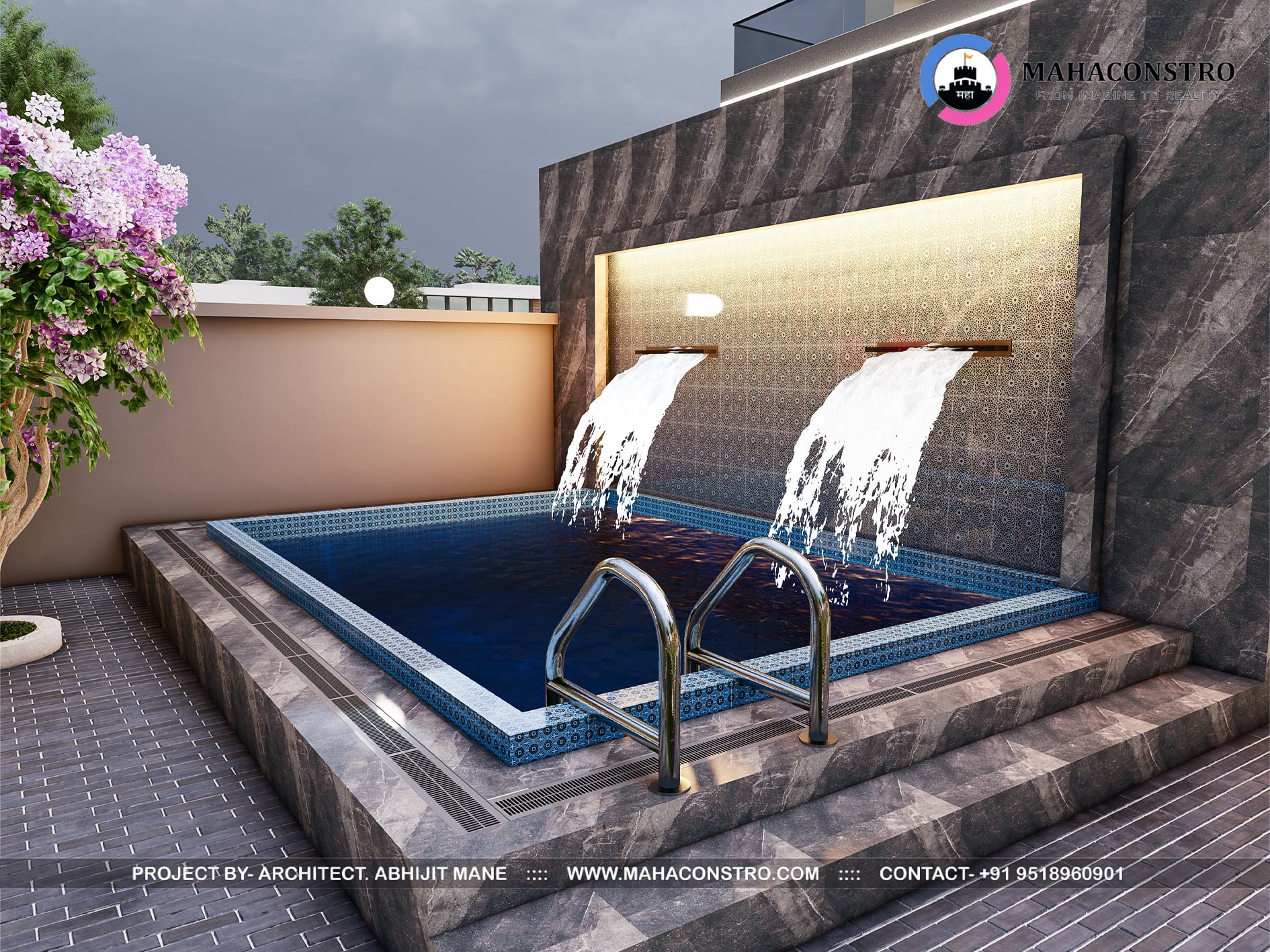 Ultra-luxury bungalow at Vrundavan Niwas featuring contemporary architecture, landscaped gardens, water features, and ambient outdoor lighting by Mahaconstro Architects