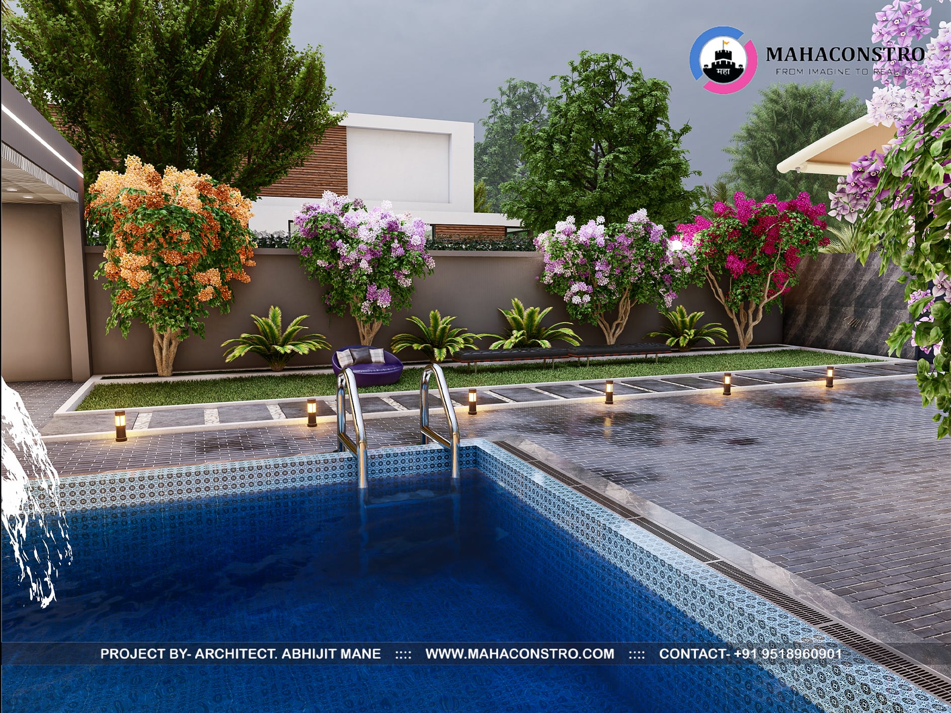 Ultra-luxury bungalow at Vrundavan Niwas featuring contemporary architecture, landscaped gardens, water features, and ambient outdoor lighting by Mahaconstro Architects